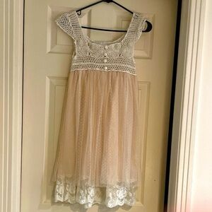 Vintage Sheer Natural Ivory Crochet Chiffon Empire Waist Babydoll Dress